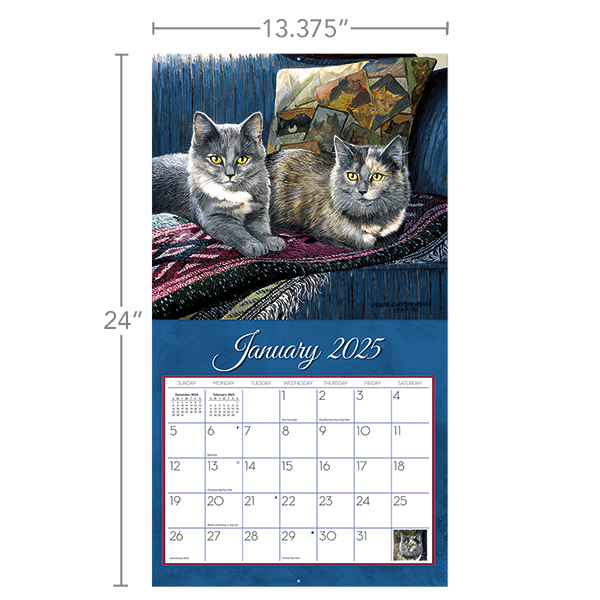 LANG Love Of Cats 2025 Wall Calendar – Monthly Cat Artwork, Linen Embossed Paper, Brass Grommet Hanging